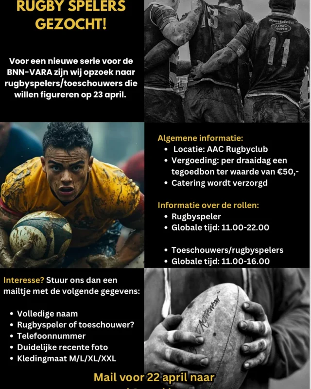 Rugbyende filmsterren gezocht! 🎥🏉
👉 Meld je aan voor 22 april: angel@pupkin.com

Woensdag 23 april is de draaidag gepland bij AAC Rugby in Amsterdam om een rugbywedstrijd te filmen