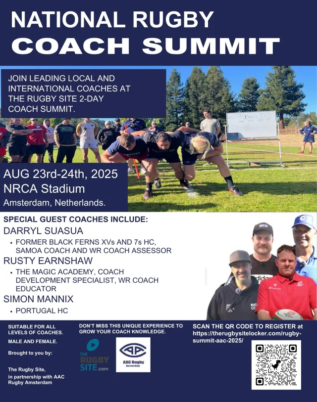 🏉 Rugby Coach Summit Amsterdam – 23 & 24 augustus 2025

Op 23 en 24 augustus organiseert The Rugby Site een unieke Rugby Coach Summit in Amsterdam. Twee dagen lang staat de AAC Rugby Club in het teken van leren, delen en inspireren – speciaal voor rugbycoaches van elk niveau.

Met topcoaches uit de hele wereld duik je in thema’s als game understanding, aanval en verdediging, teamcultuur en leiderschap. Verwacht een combinatie van praktijkgerichte on-pitch sessies, interactieve workshops, keynotes en volop ruimte om te sparren met andere coaches.

Of je nu werkt met jeugd-, dames- of herenteams – deze summit geeft je nieuwe inzichten en energie voor het komende seizoen.

📍 AAC Rugby Club, Amsterdam
📆 23 & 24 augustus 2025
🌍 Georganiseerd door The Rugby Site | Internationale topcoaches | Theorie & praktijk

#rugby #coachessummit #aacrugby #coaches #summit #learn