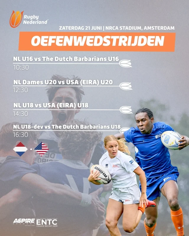Aanstaande zaterdag 21 juni staan er oefenwedstrijden op het programma tegen @eagleimpactrugby en @thedutchbarbarians in Amsterdam! 🇳🇱🏉 

Bekijk hierboven het volledige speelschema en kom de teams aanmoedigen! Het wordt een dag vol zon, actie en rugbyspektakel!🔥

📸: @anita_amelink & @nlrugbyshots 

#jongoranje #RugbyNederland #rugby