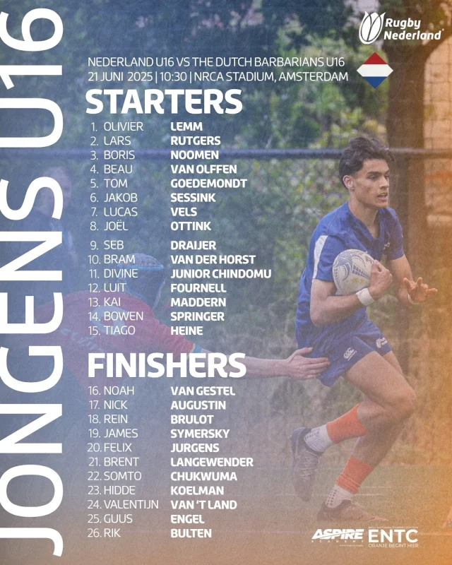 Deze talentvolle Jong Oranje U16, U18 Development, U18 en U20 Dames staan morgen op het veld in Amsterdam! 🧡🇳🇱

Ze nemen het op tegen USA (EIRA) en The Dutch Barbarians!

Kom jij ze aanmoedigen? 📣🏉

📸: @anita_amelink 

#jongoranje #rugbynederland #rugby #matchday #lineup
