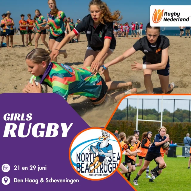 🌸 Girls Rugby Events in juni!
Op 21 juni gaan we los in Den Haag met een Girls Rugby Event voor meiden van Turven t/m Junioren 💥
Een dag vol rugby, plezier en girl power!

🏖️ En op 29 juni verplaatsen we het feest naar het strand van Scheveningen!
Beach Girls Rugby tijdens het North Sea Beach Rugby toernooi – speciaal voor Cubs, Junioren en Colts. Zon, zand, tackles & teamspirit ☀️🏉

Gras of strand, één ding is zeker: het wordt rugby + fun all the way!
👉 Meld je aan via de link in bio!
#GirlsRugby #RugbyNL #BeachRugby #RugbyFun #RugbyGirls